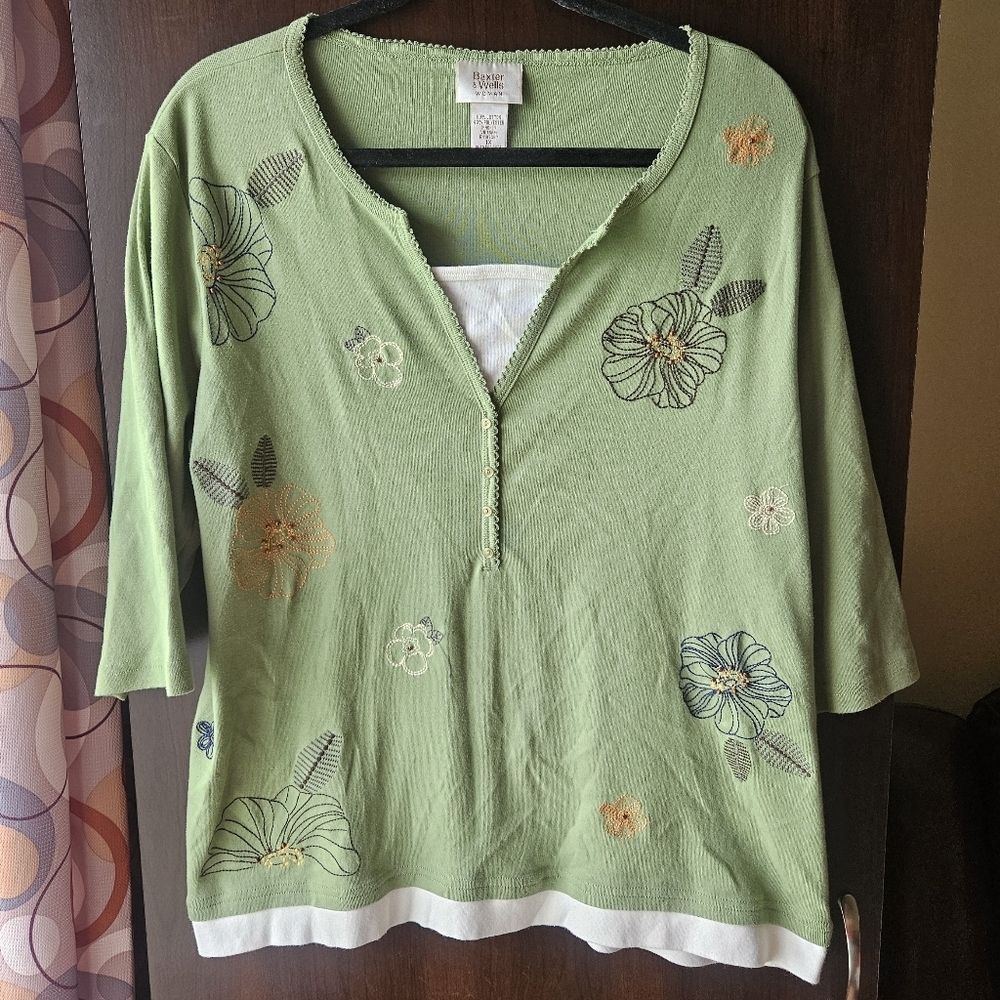 Baxter & Wells Green Floral Embroidered Blouse Size 1X